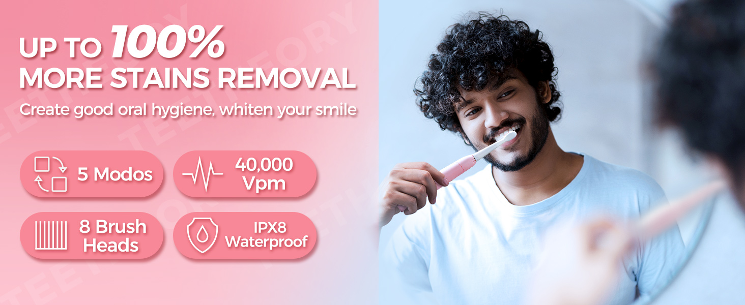 Звукова зубна щітка Schallzahnbürste для дорослих, 8 насадок, 40 000 VPM, 5 режимів, до 30 днів роботи, швидка зарядка, водонепроникна IPX7 (Рожева)