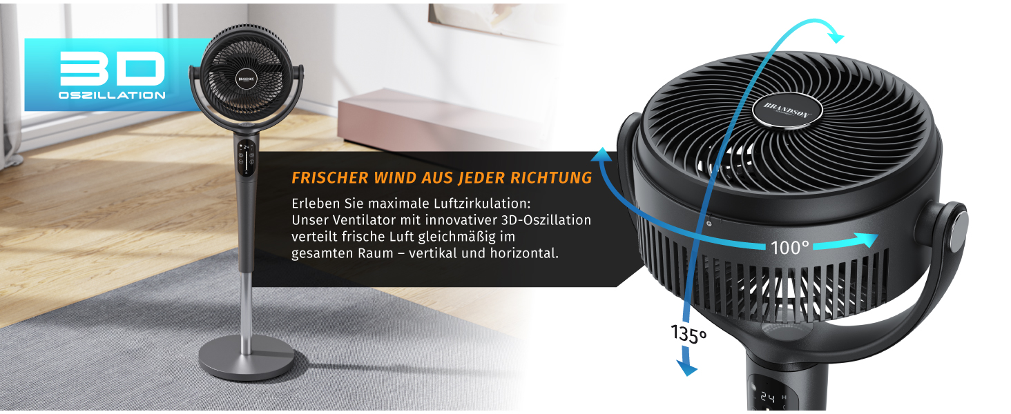 Вентилятор Standson 3D з DC мотором, тихий, енергоефективний, з пультом керування, 24 швидкості, осциляція