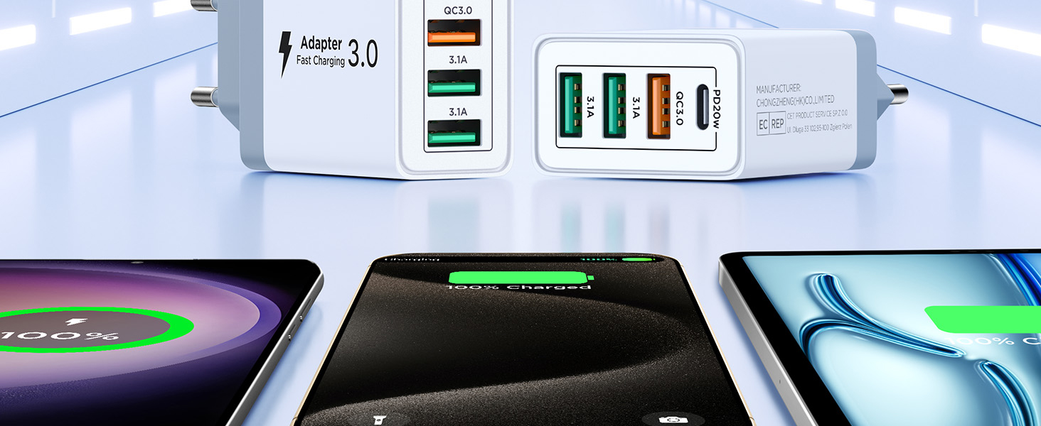 Подвійний USB зарядний пристрій 40W з 4 портами USB-C та USB-A, PD 3.0, для iPhone, Samsung та інших телефонів (2 шт. в упаковці, білий)