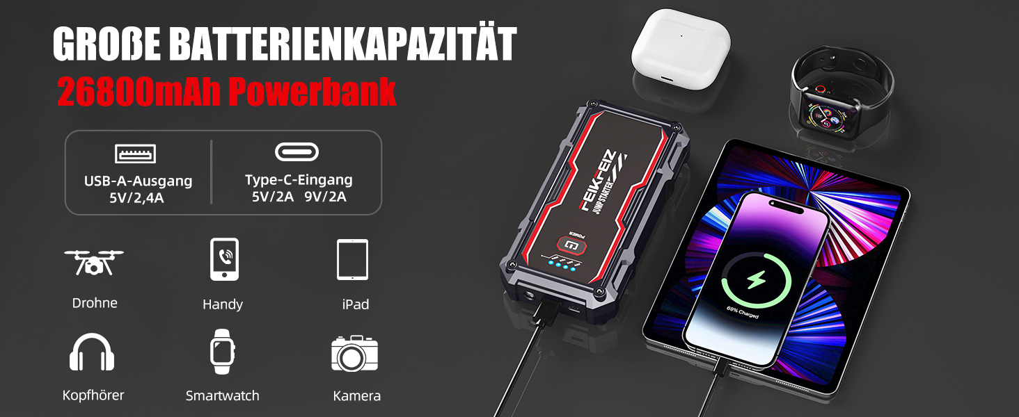 Портативний акумулятор для автомобіля 6000A/26800mAh, підходить для 12V авто (бензин та до 8.0L дизель), з USB та LED-ліхтариком