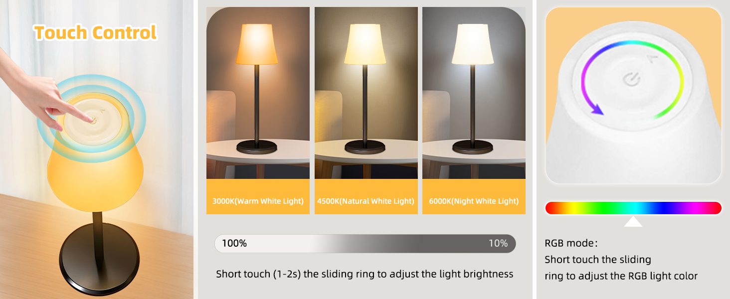 Настільна LED лампа бездротова акумуляторна з димером та RGB підсвіткою, сенсорне управління, водонепроникна IP54 для дому, офісу, ресторану