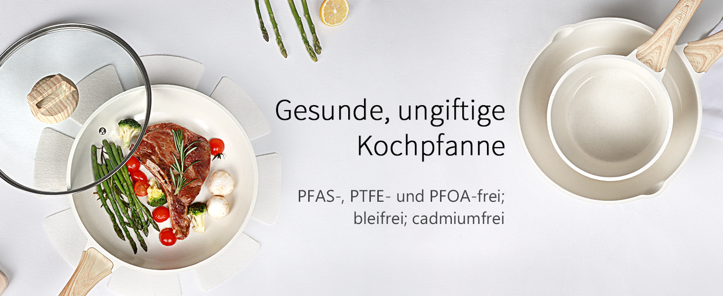Набір посуду GiPP 17-ти частинний: каструлі, сковорідки з антипригарним покриттям, сковорідки 24+28 см, каструля 4.2 л, каструлі 16+18 см, сковорода для омлету з 4-ма отворами, лопатка та ложка, підходить для всіх типів плит (білий)