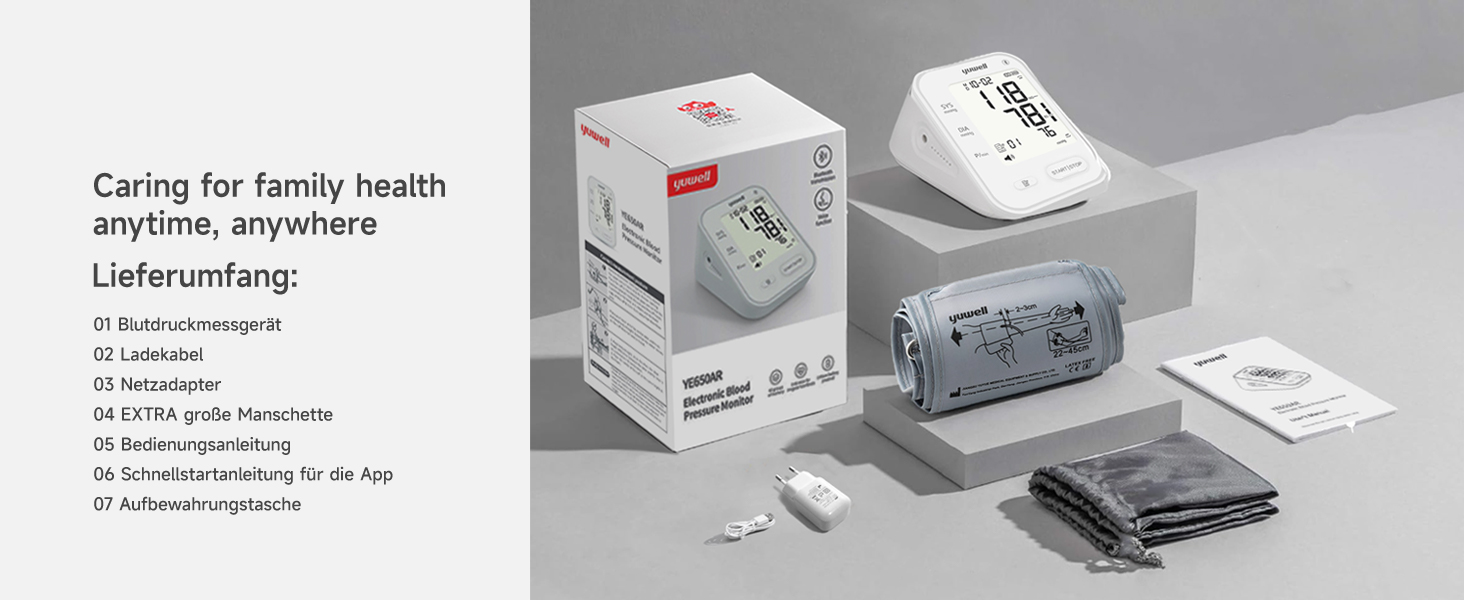 Тонометр Yuwell Intelligentes Oberarm з Bluetooth | Манжета 22-45 см, голосове повідомлення, підсвічування дисплея, акумулятор, додаток для iOS & Android (YE650AR)