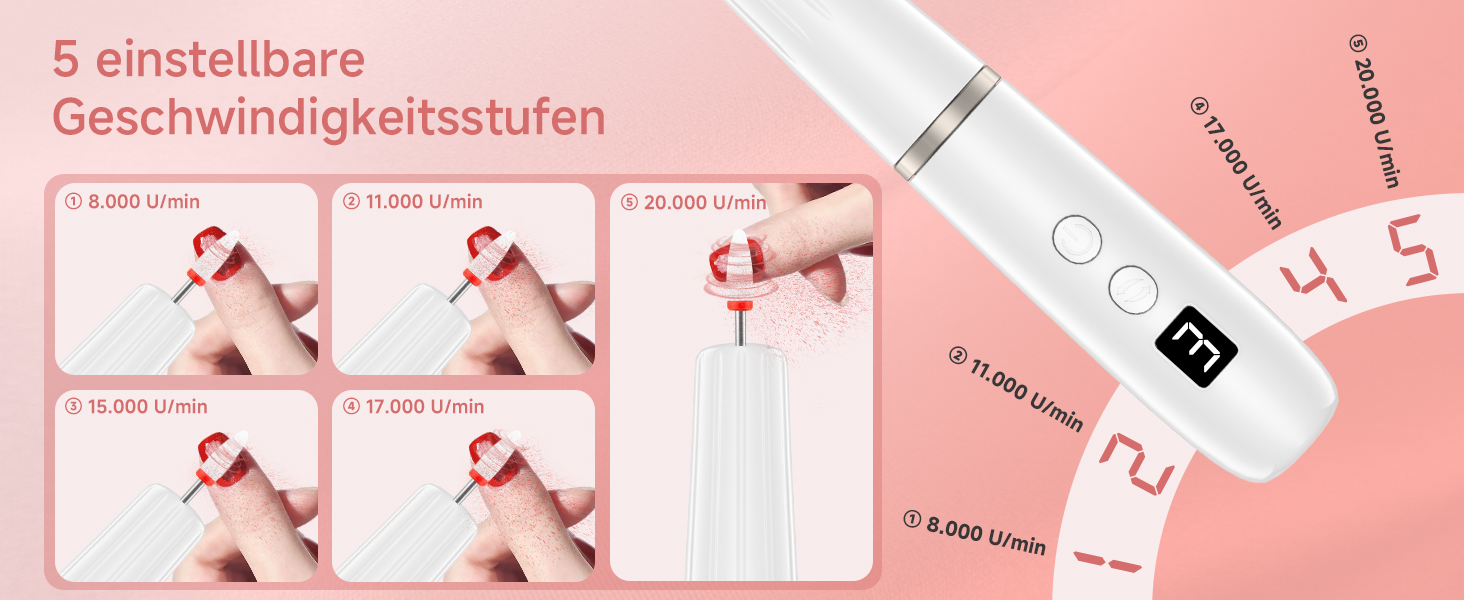 Електрична фрезер для нігтів 12 в 1 - Набір для манікюру з 5 швидкостями, 20000 об/хв, для гелю, акрилу та натуральних нігтів (білий)