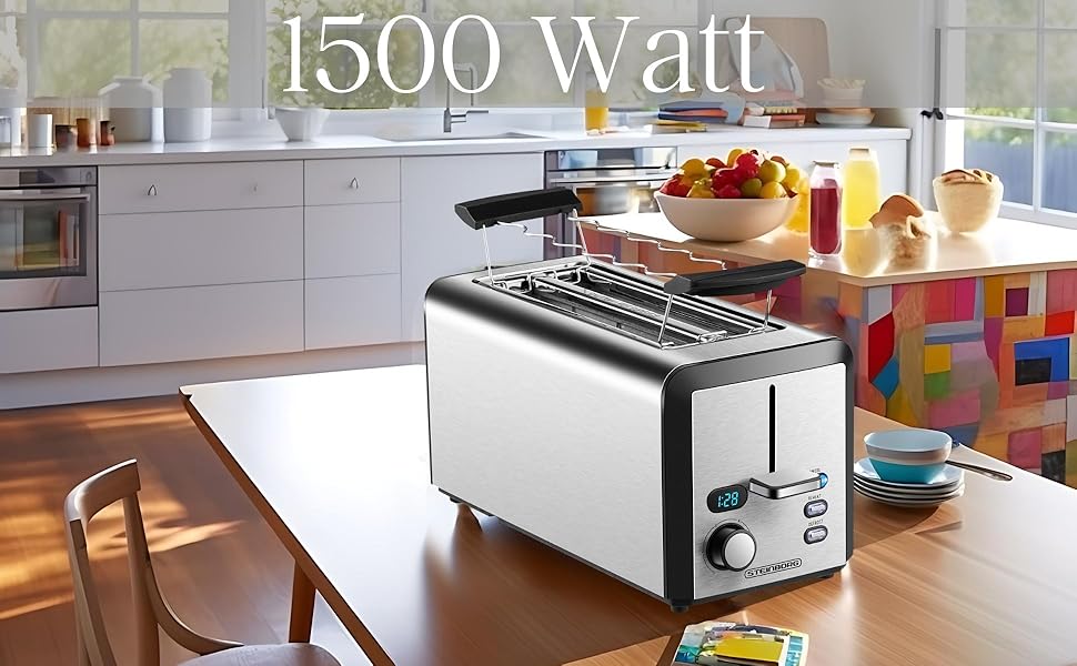 Тостер Langschlitz з 4-ма слотами | XXL, 1500 Вт, регулятор 6-ти рівнів підсмажування, підставка для бургерів, функція розморожування, крихтозбірник, нержавіюча сталь, LED дисплей