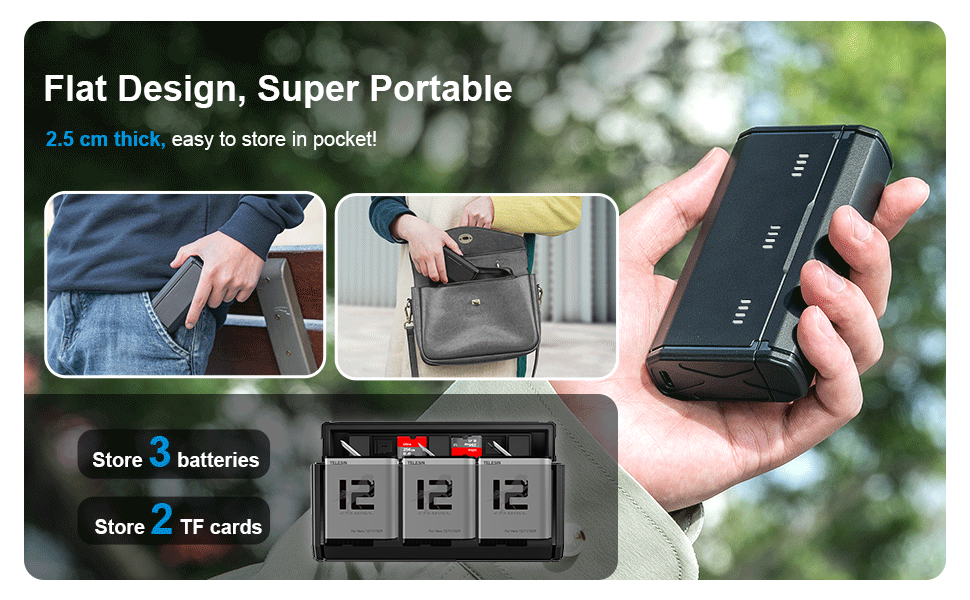 Зарядний пристрій для GoPro Hero 12/11/10/9 від Telesin: 3 слоти, 2 слоти TF-картки, портативний, з індикатором заряду