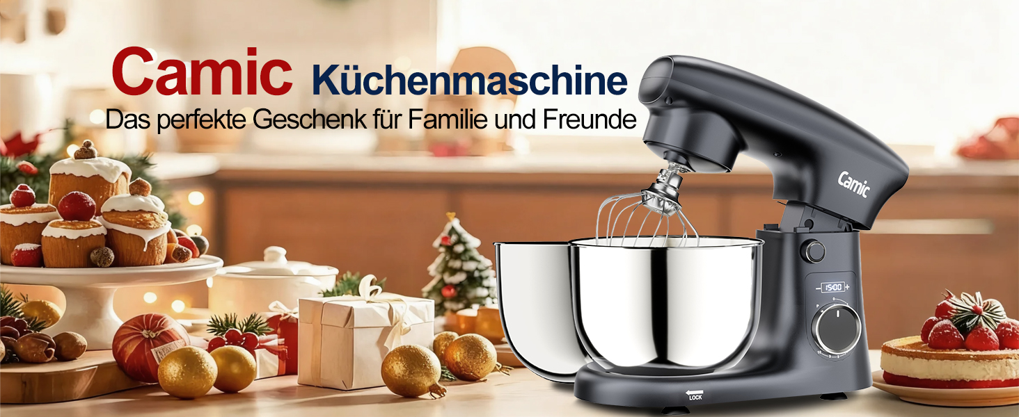 Кухонна машина Camic з LED-дисплеєм, 10 швидкостей, 3 насадками (діядовий, міксер, вінчик) та 2 чашами з нержавіючої сталі 4Л та 5Л для тіста, хліба та тортів, сіра