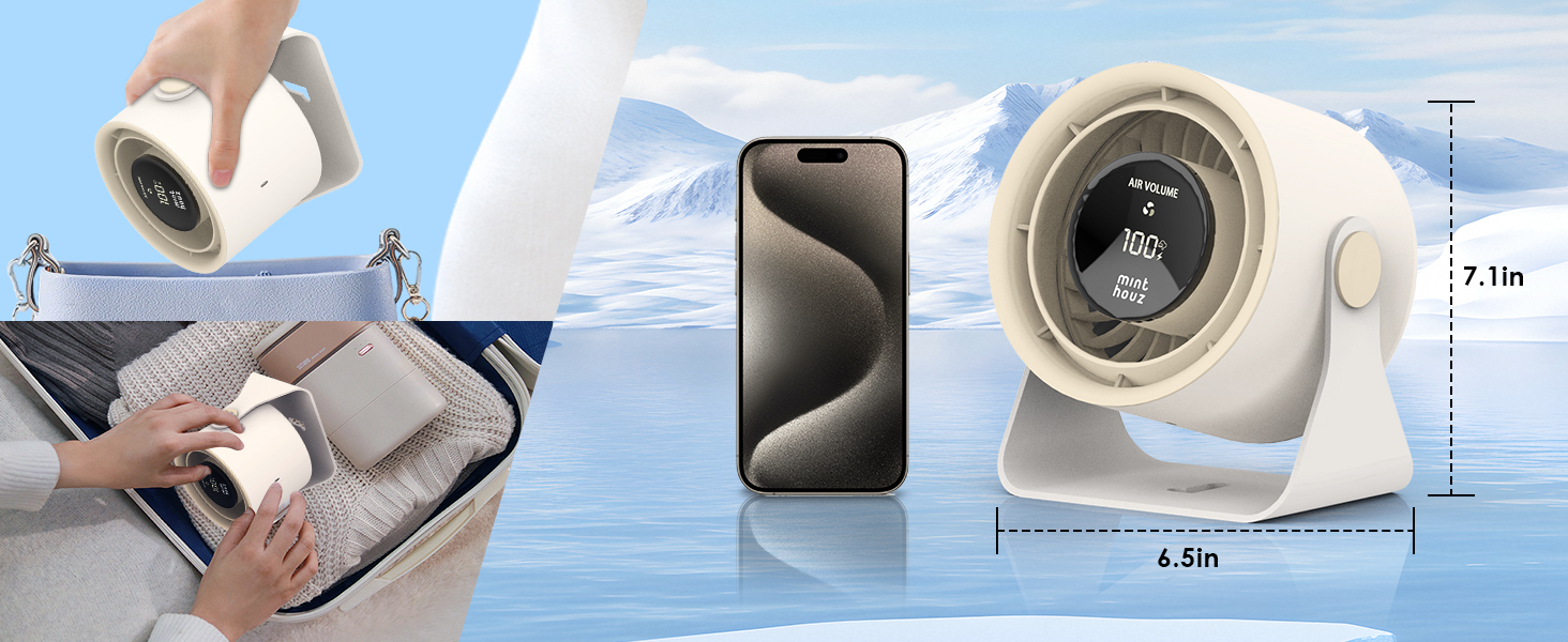 Настільний вентилятор Minthouz з LED-дисплеєм, акумулятор 3600mAh, тихий, регульований, портативний для дому, офісу, подорожей