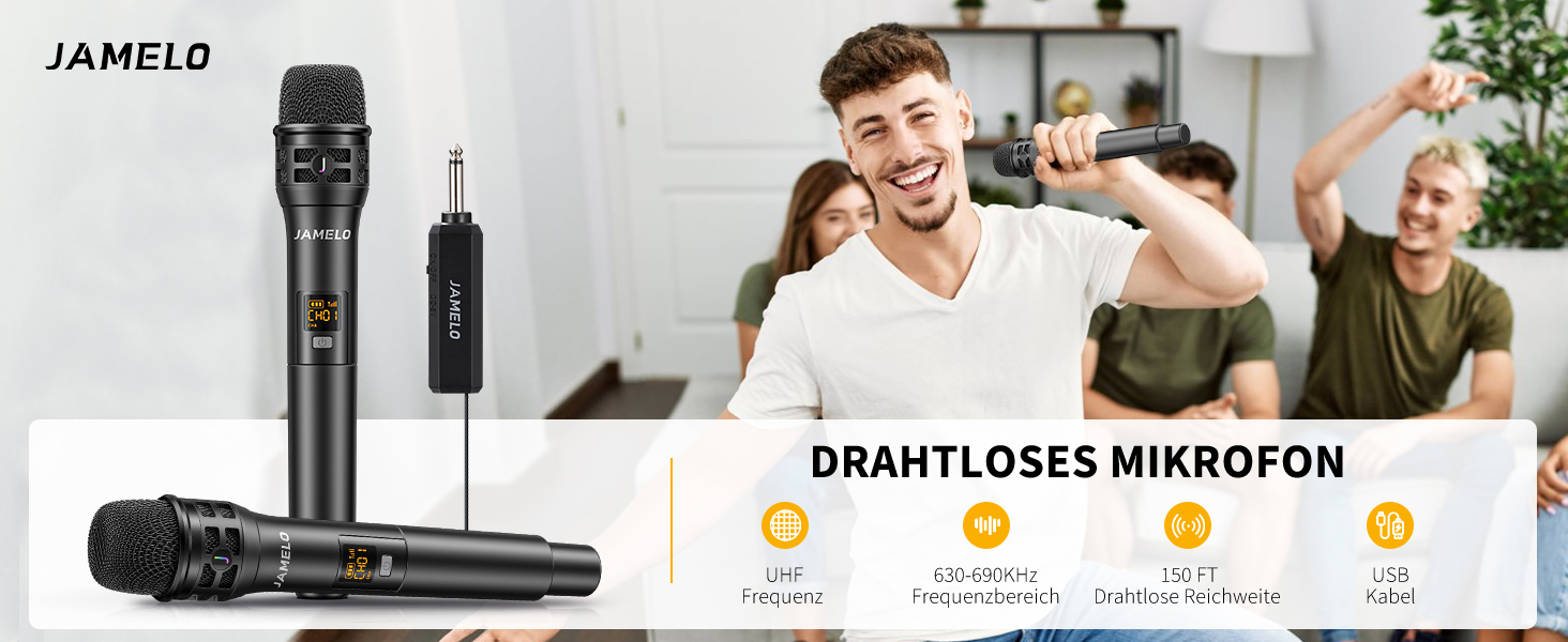 JAMELO Бездротові мікрофони: комплект з 2 шт. UHF, професійні для караоке, співу, церкви, весілля, зустрічей