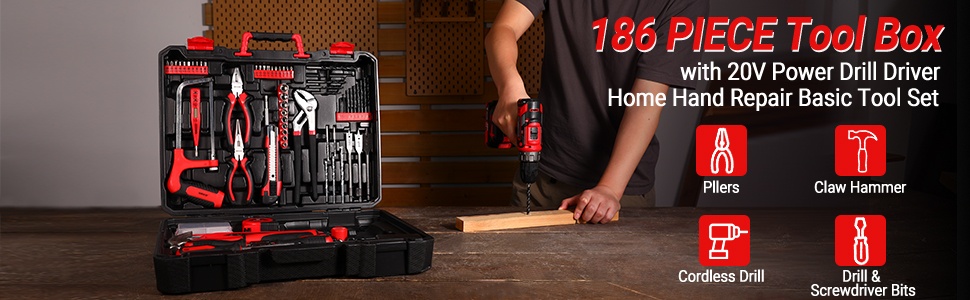 Набір інструментів DEKO 186 шт. з акумуляторною дрилі: набір інструментів 20V для дому та дрібного ремонту
