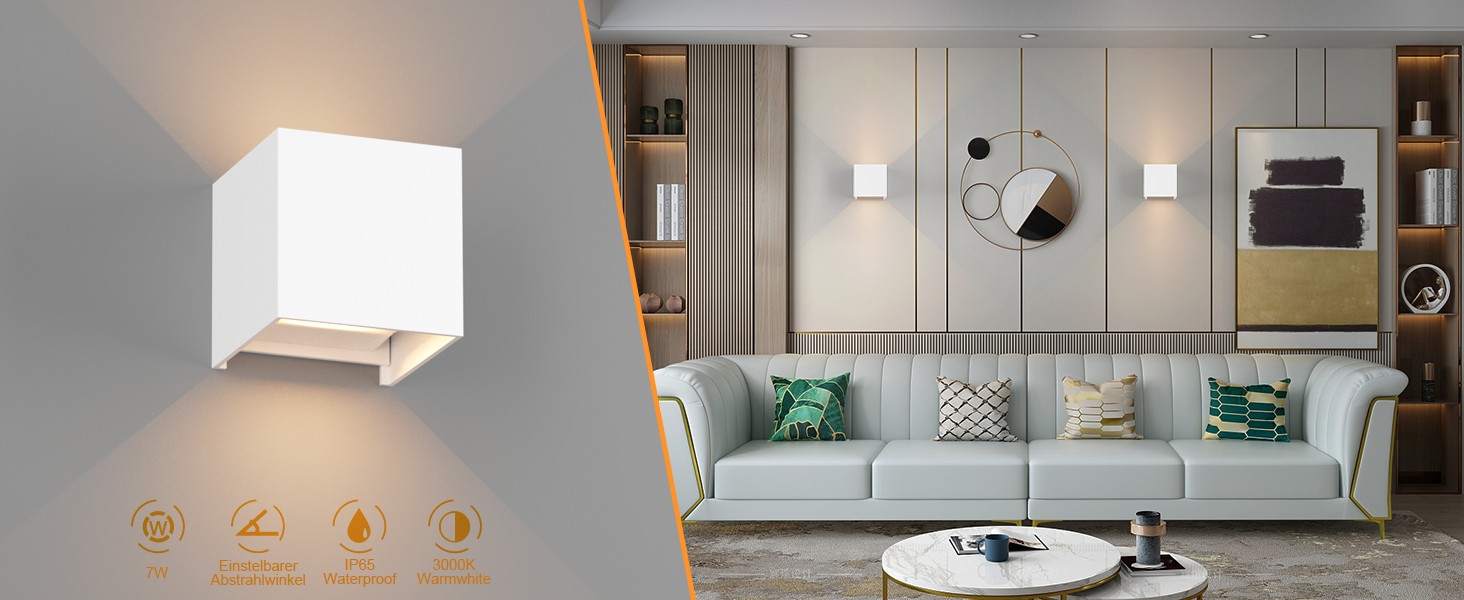 LED-вологостійке настінне світильник K-Bright 7W з регульованим світловим променем, 3000K, тепле біле світло, IP65, для внутрішнього та зовнішнього використання