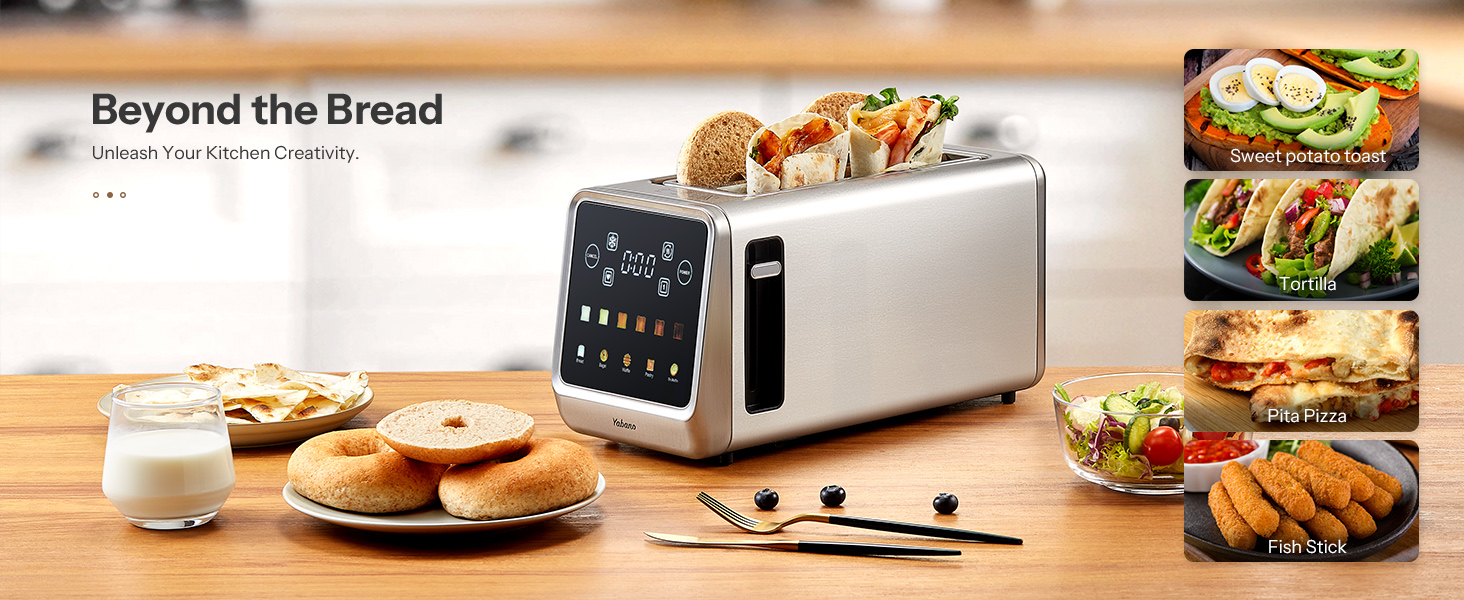 Тостер з нержавіючої сталі з сенсорним екраном та функцією пам'яті, 4-х слайсова модель з 6 рівнями підсмажування та 5 режимами для хліба, функціями розморожування та підігріву, технологією Single Slot