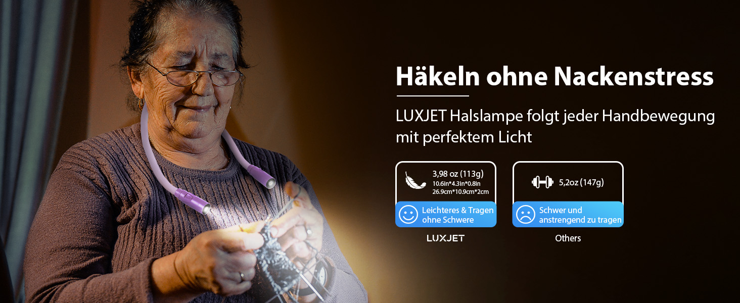Ліхтар на шию LUXJET LED для читання, в'язання, ремонту: акумуляторний, 3 кольори, регульована яскравість (світло-ліловий)