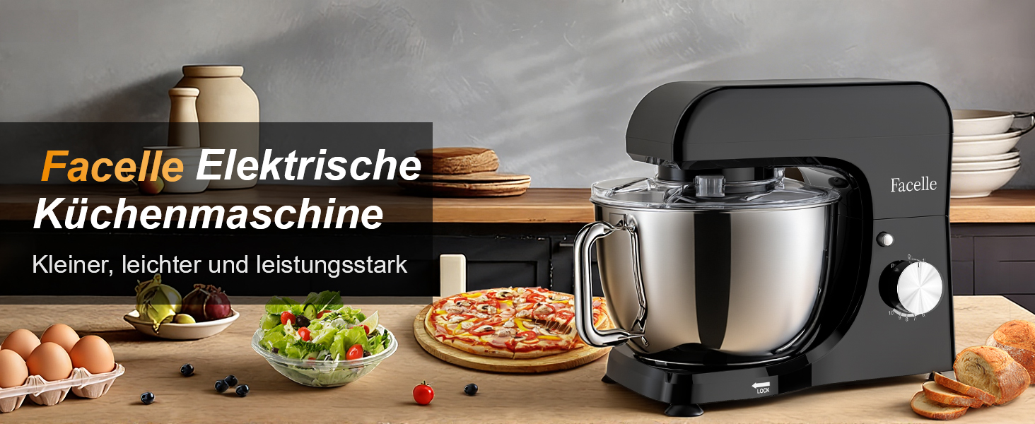 Планетарний кухонний комбайн-міксер 1300W, чаша з нержавіючої сталі 5.5л, 10 швидкостей, з насадками (гак, вінчик, міксер) та захистом від бризок, чорний