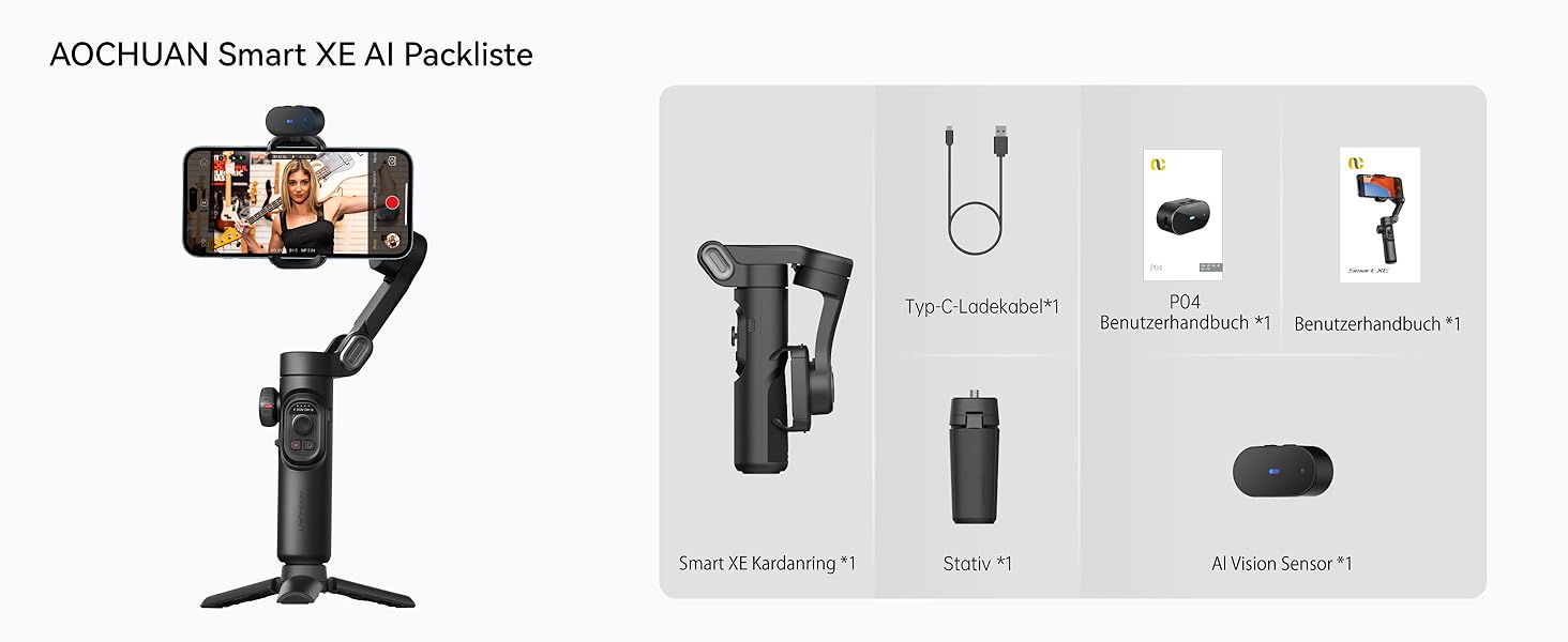 Стабілізатор для смартфона AOCHUAN з 3 осями, RGB-підсвічуванням, трекінгом обличчя та регулюванням фокусу. Підходить для iPhone/Android. Ідеально для зйомки Vlog (Smart XE AI)