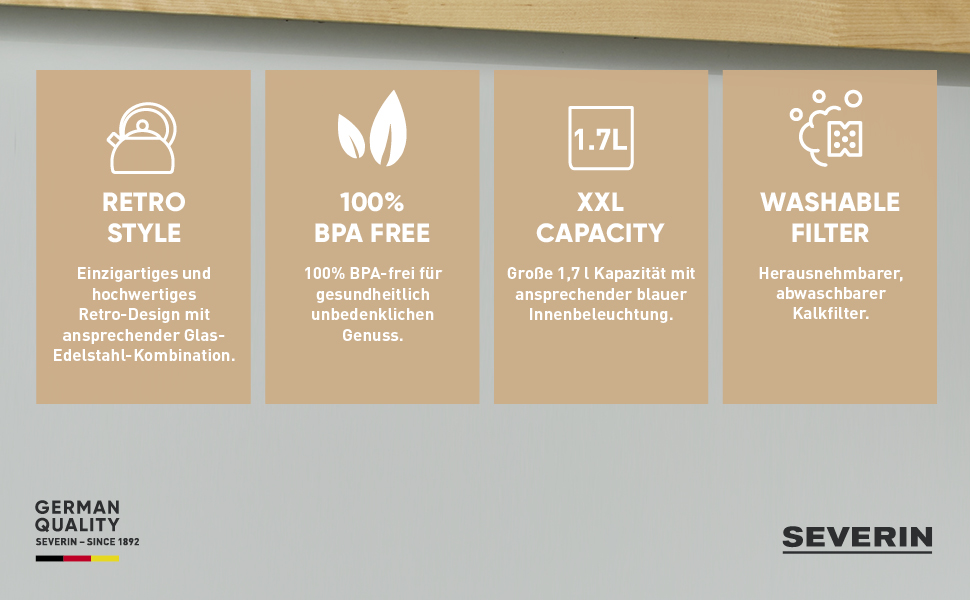 SEVERIN WK 3459: Ретро чайник зі скла та нержавіючої сталі, 1.7л, електричний