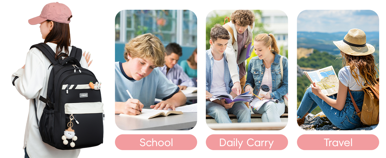 Шкільний рюкзак для дівчинки-підлітка 2025, рюкзак для школи/гімназії, рюкзак Kawaii для старшої школи з відділенням для 15.6' ноутбука, повсякденна шкільна сумка для подорожей, 22L, чорний