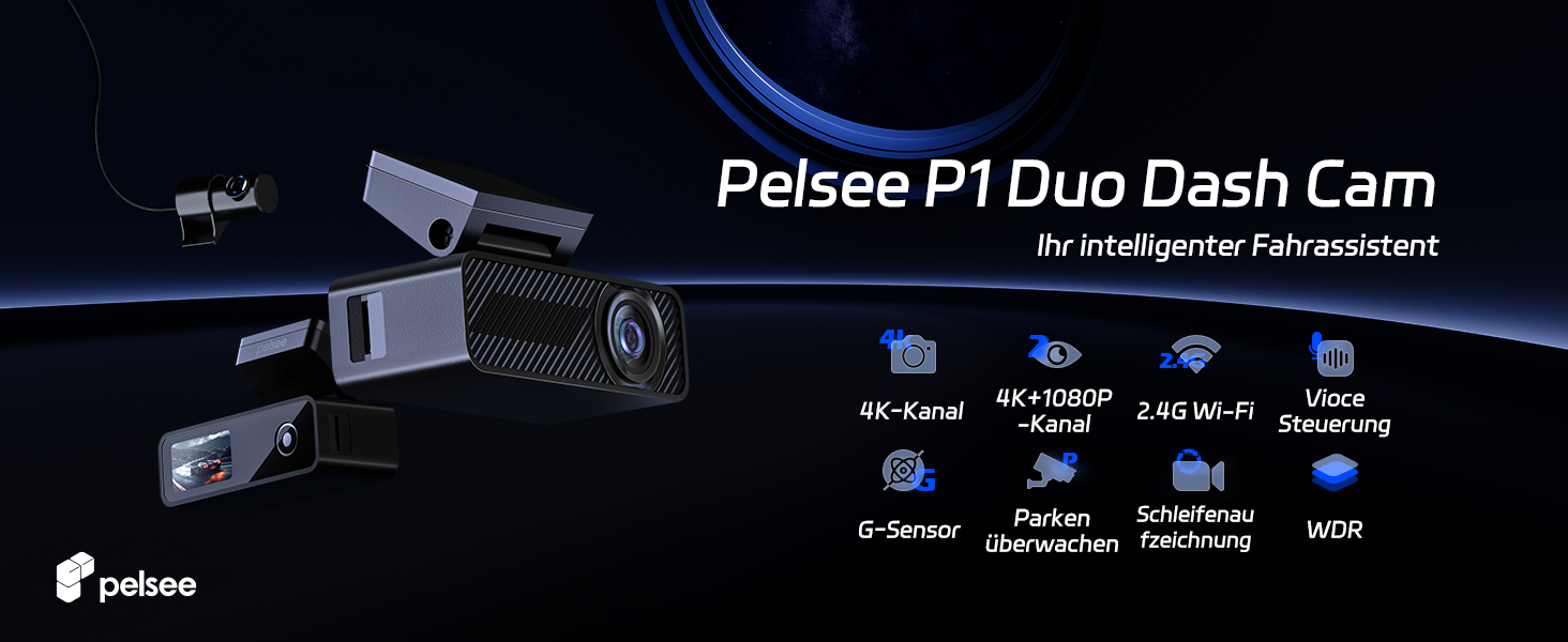 Відеореєстратор Pelsee P1 Duo 4K з двома камерами (передня та задня), Wi-Fi 5G, 64GB, IPS дисплей 1.5