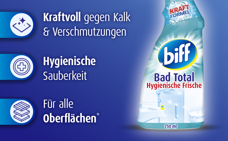 Засіб для чищення ванної кімнати Biff Bad Total Hygienische Frische проти вапна та бруду, гігієнічна свіжість, спрей 750 мл (набір 16 шт.)