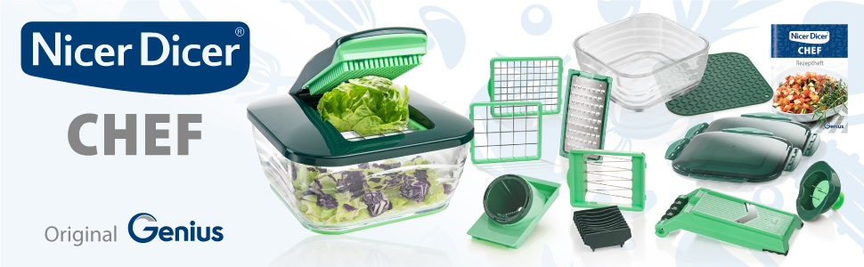 Nicer Dicer Chef від Genius: набір для нарізки овочів (18 предметів) з скляною чашею, зелений м'ятний колір