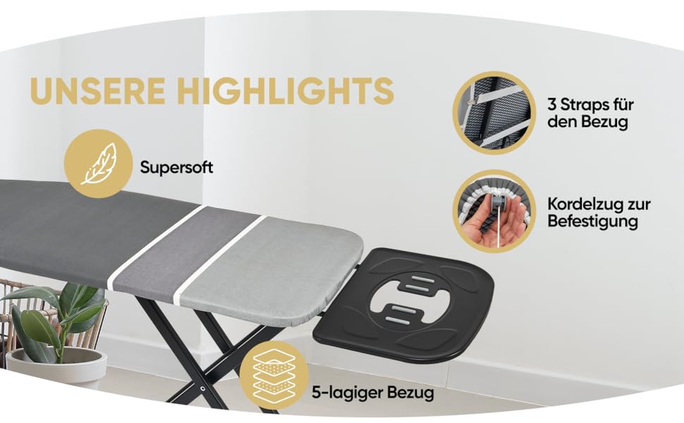 Прасувальна дошка Avieto XXL 124x43 см для парогенератора та праски | 5-шарове покриття, відбиття тепла, GlideCharge & Park Place