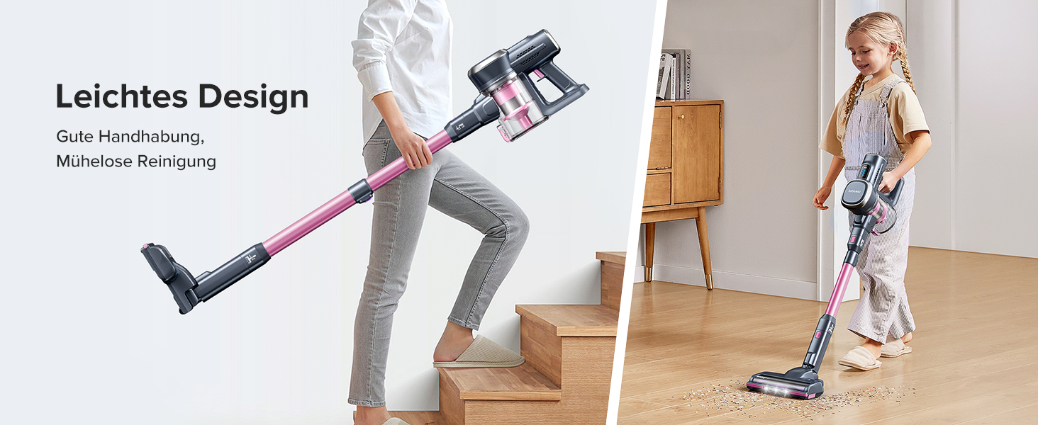 Бездротовий акумуляторний пилосос Lubluelu з LED-щіткою, HEPA-фільтром та потужністю 220W (25kPa). Час роботи до 50 хвилин. Підходить для твердих поверхонь, шерсті тварин та килимів. Колір: рожевий