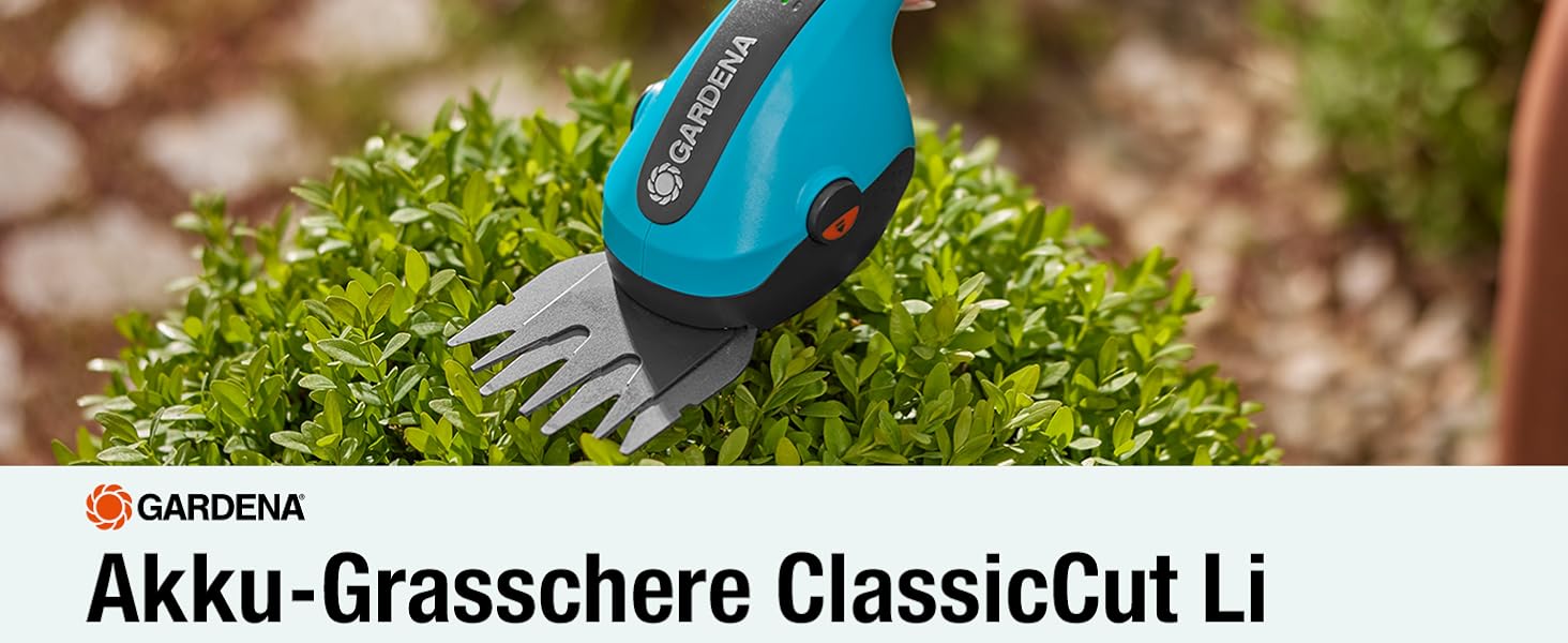 Акумуляторні ножиці для трави Gardena ClassicCut Li, 8 см, з телескопічною ручкою та колесами, LED-індикатором заряду, швидка заміна лез без інструментів
