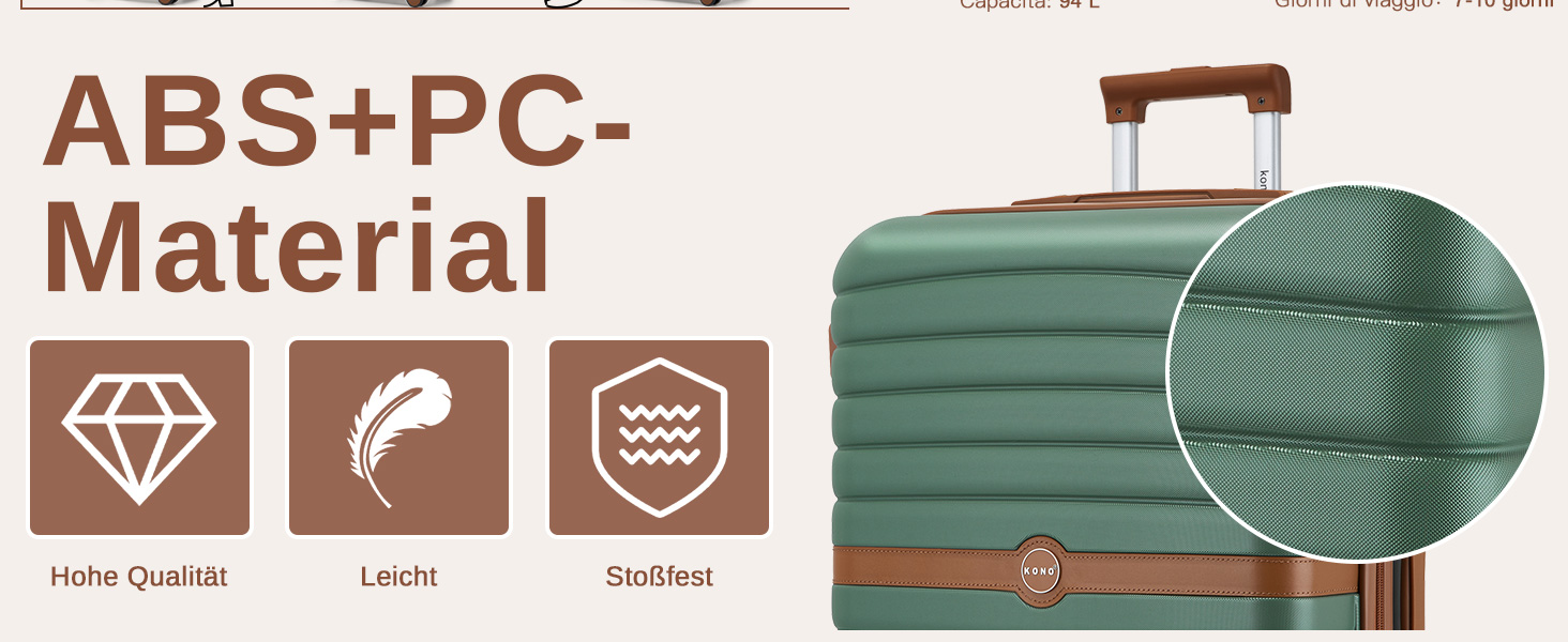 KONO Чемодан-валіза на коліщатках середнього розміру (66 см) з ABS+PC, з замком та подвійними колесами (Темно-зелений/Коричневий)