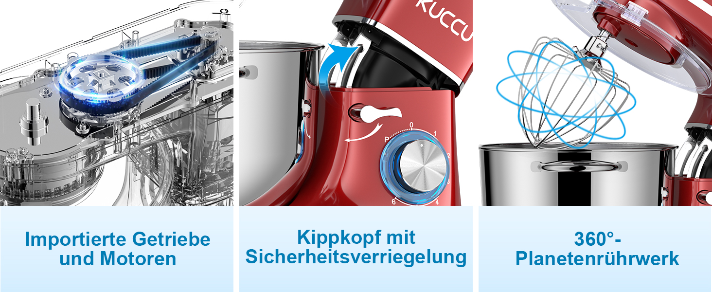 Кухонний комбайн-міксер 1500W з чашею з нержавіючої сталі 7л, планетарний міксер для тіста з 6 швидкостями та набором насадок (гак, вінчик, міксер), червоний