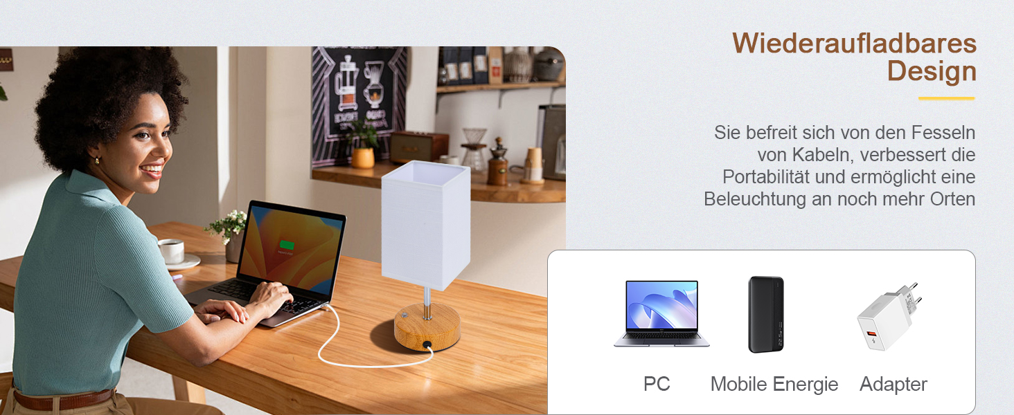 Бездротова настільна лампа TRUMPETS з акумулятором, сенсорне керування, регулювання яскравості, 3 колірні температури, USB-C, 6000mAh, для вітальні/спальні