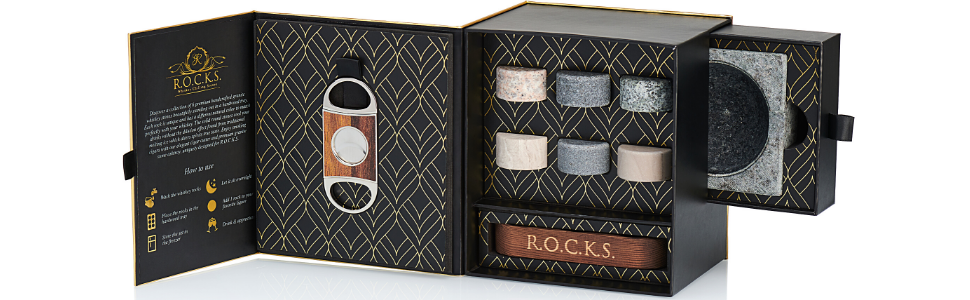 Набір для віскі та сигар з різьбленням: 6 преміум-гранітних каменів, різак для сигар, попільничка, подарункова коробка з золотою фольгою