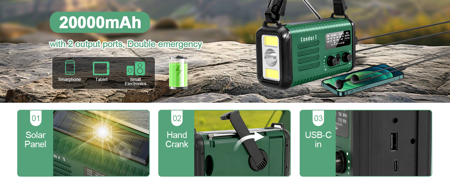 Радіо Kurbelradio 20000mAh сонячне з ручним заводом, AM/FM, SOS, LED-ліхтарик, USB зарядка для телефону, аварійне живлення, зелений