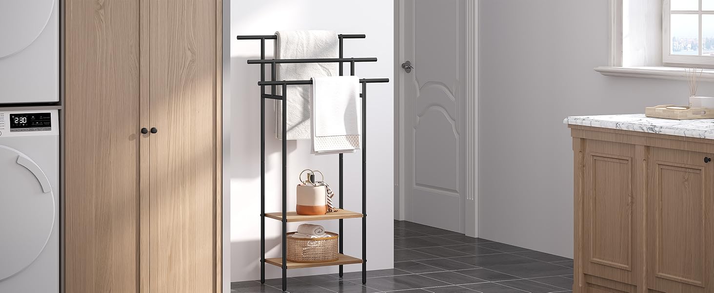 Стійка для рушників EUGAD з 3 полицями, чорна, з металу та ДСП, для рушників та одягу