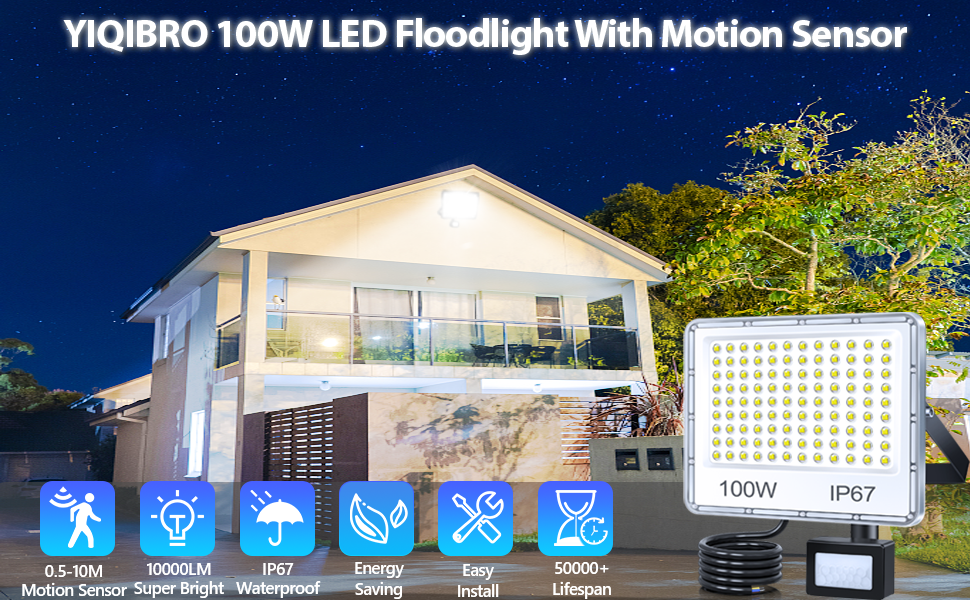 LED прожектор з датчиком руху для вулиці 100 Вт, 10000 Лм, 6500K, IP67, набір 2 шт, водонепроникний світильник для складу, саду, гаража