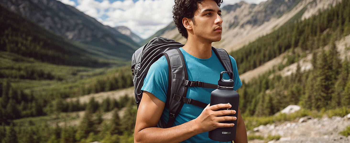 Термос пляшка для води Coolflask 2 л з трубочкою та 3 кришками, ізольована сталева спортивна пляшка з подвійною вакуумною ізоляцією, не протікає, чорна для спорту та офісу