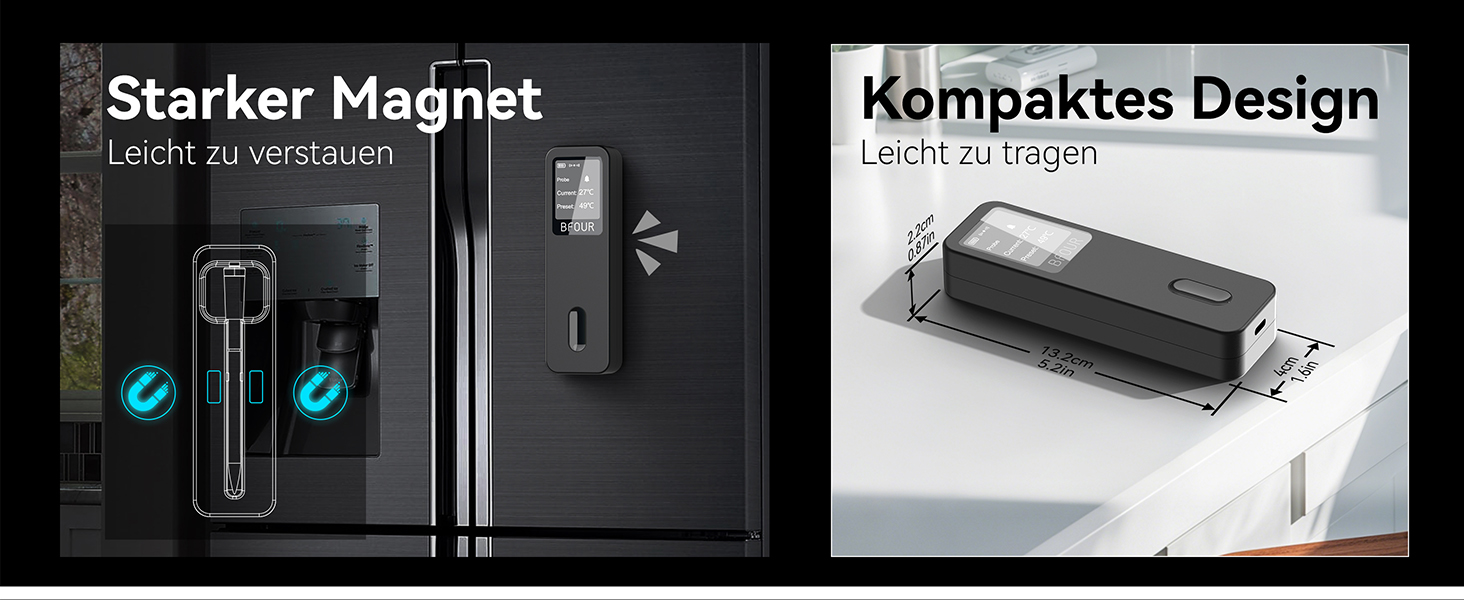 Термометр для м'яса BFOUR BF-30 PRO: бездротовий Bluetooth термометр-щуп з LCD-дисплеєм, IP67, для приготування BBQ, гриля, духовки, кухні (чорний)