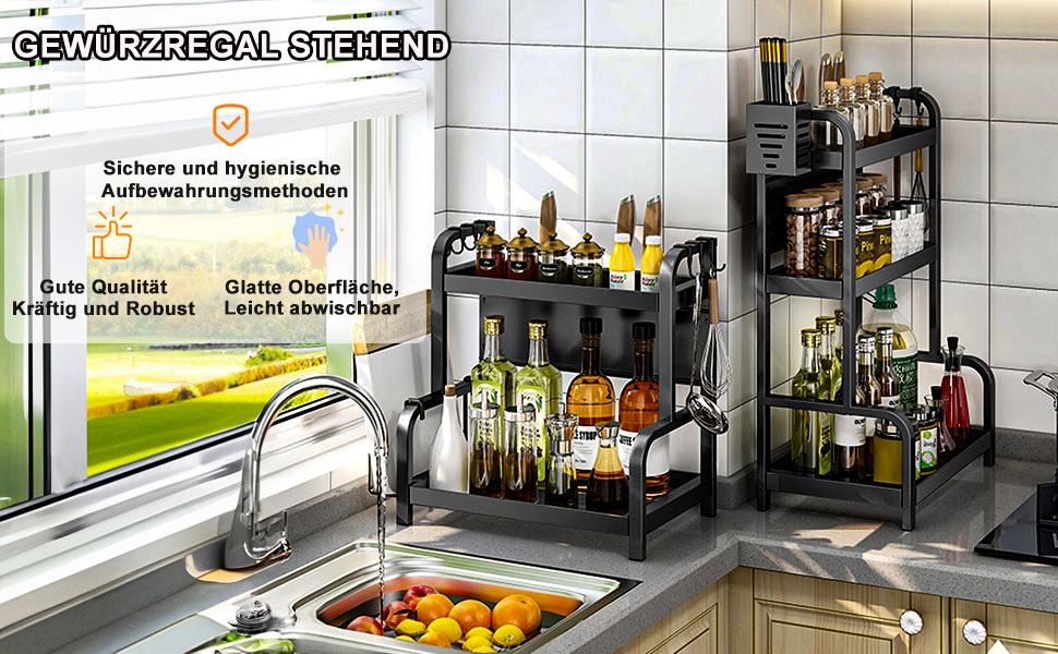 Стійка для спецій Devesanter на 2 яруси, велика місткість, з контейнерами, органайзер для кухні, з підставкою для дощок, з гачками, чорний