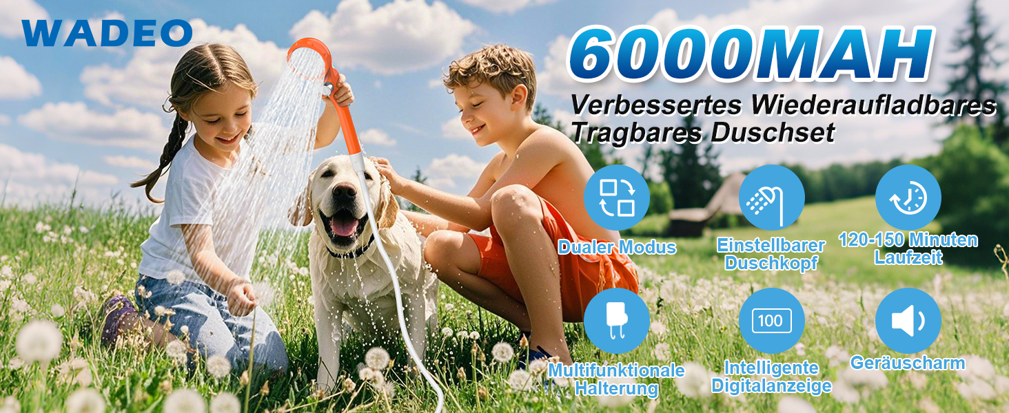 Портативний кемпінговий душ WADEO з акумулятором 6000 мАг, електричний душ з помпою та зарядкою Type-C для подорожей, кемпінгу, саду та миття авто (Помаранчевий)