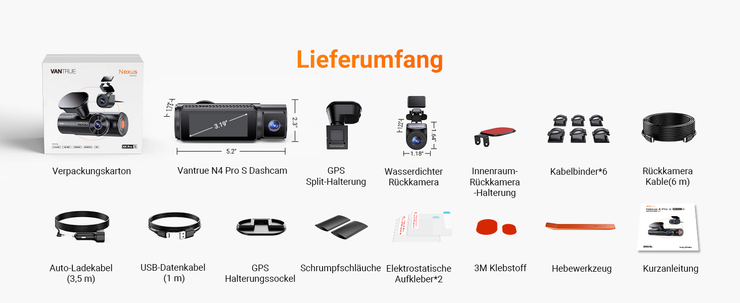 Відеореєстратор VANTRUE N4 Pro S 4K STARVIS з GPS, 3 канали (4K+1080P+1440P), WiFi 5GHz, паркувальний режим 24/7, голосове керування, IR нічне бачення, LTE (опціонально)