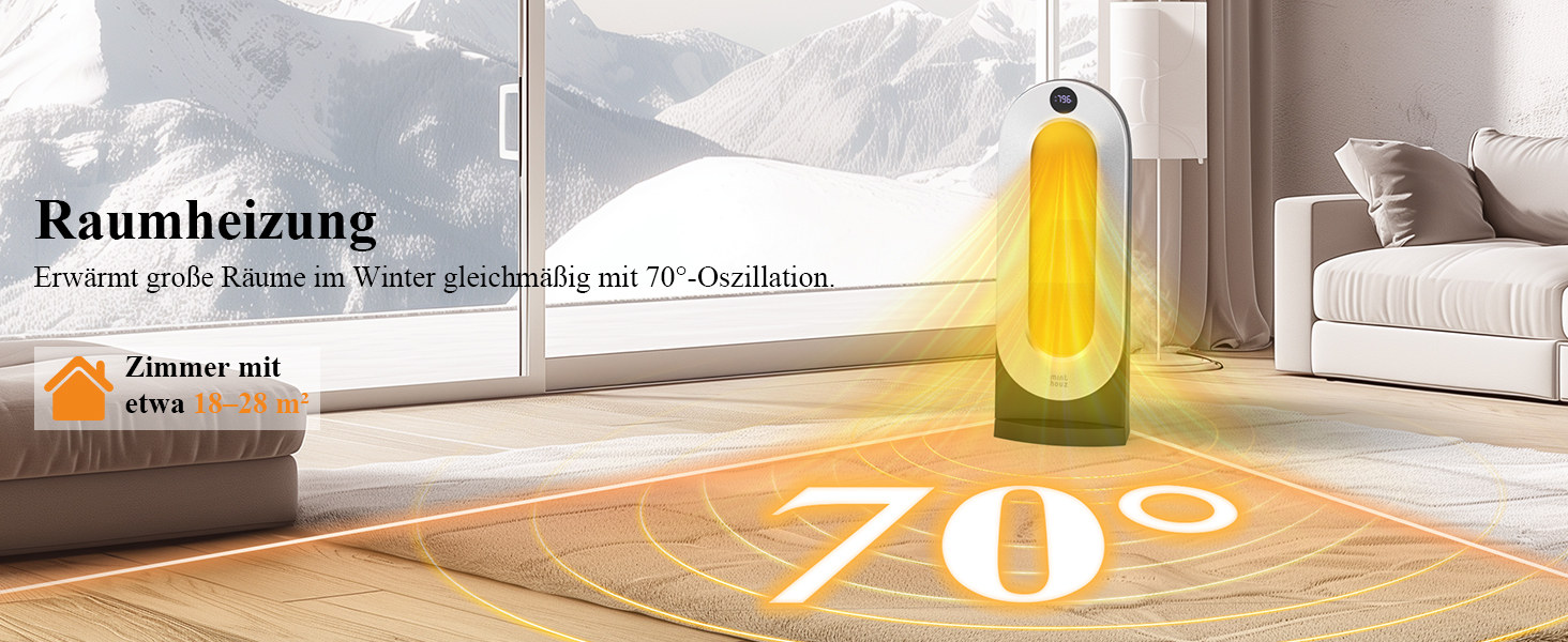 Керамічний обігрівач Minthouz 2000W з дистанційним керуванням, ECO-режимом, осциляцією 70°, таймером на 12г та захистом від перегріву, електричний обігрівач для приміщень