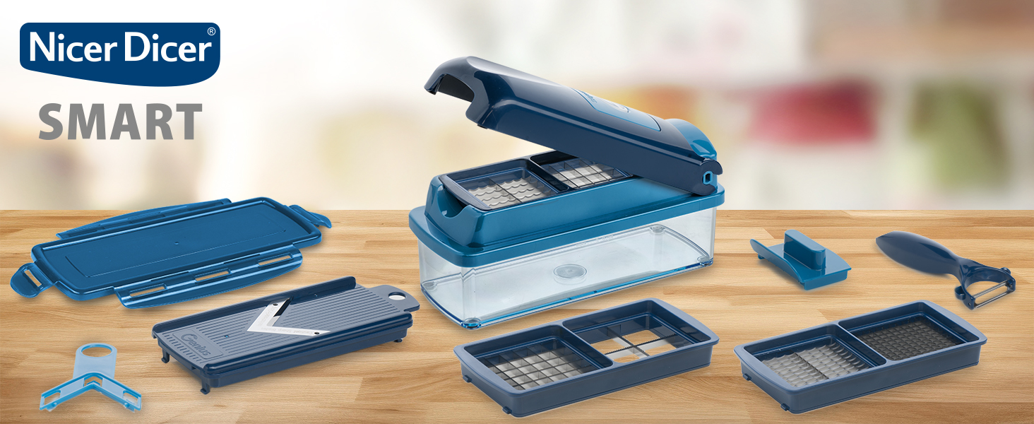 Nicer Dicer Smart від Genius: Набір для нарізки овочів 10 в 1, блакитний. Ручний набір для нарізки овочів, фруктів, салату, тертки, кухонного помічника, 800 мл.