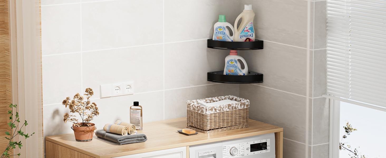 Поличка для душу без свердління, кутова, з нержавіючої сталі, з алюмінію, чорна - 2 шт.