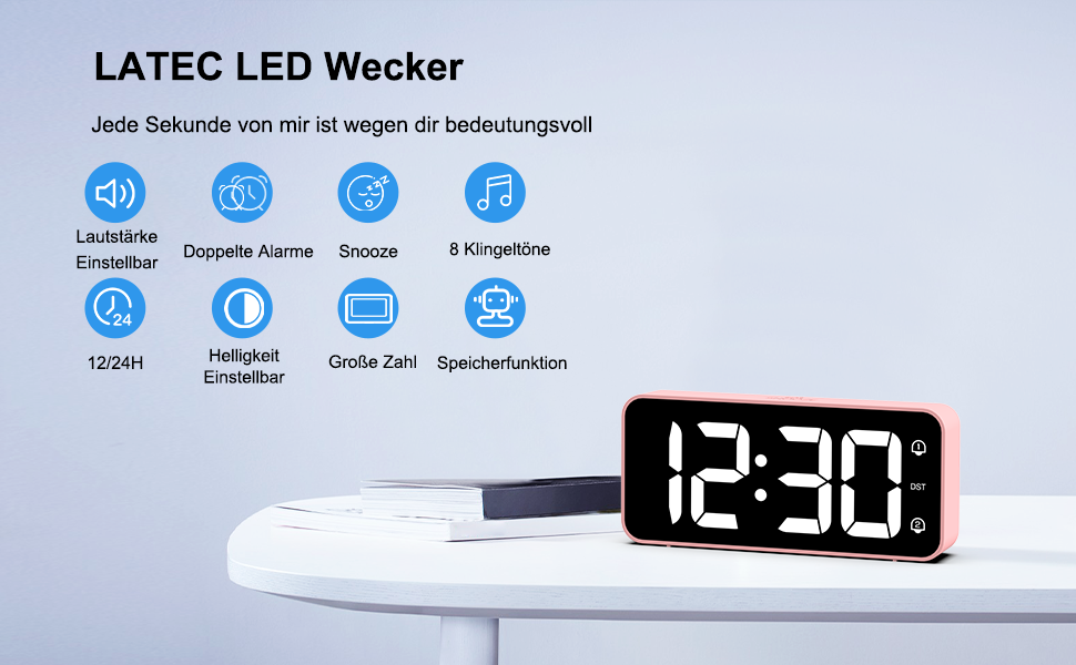 LED-годинник LATEC з двома будильниками, USB-порт для зарядки, регулювання яскравості, гучність 90-120 дБ, 8 мелодій, 12/24 год, мережевий (рожевий)