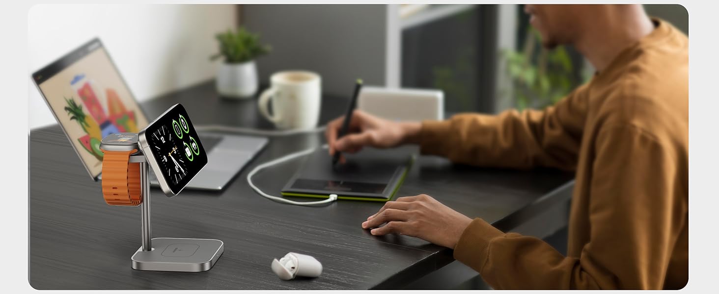 LULULOOK Qi2 Magsafe Зарядна станція 3 в 1 з алюмінію для Apple Watch та iPhone: 15W швидка зарядка для iPhone 17 Pro Max/Pro/Air/17, 5W для Apple Watch Ultra, AirPods. Титан.