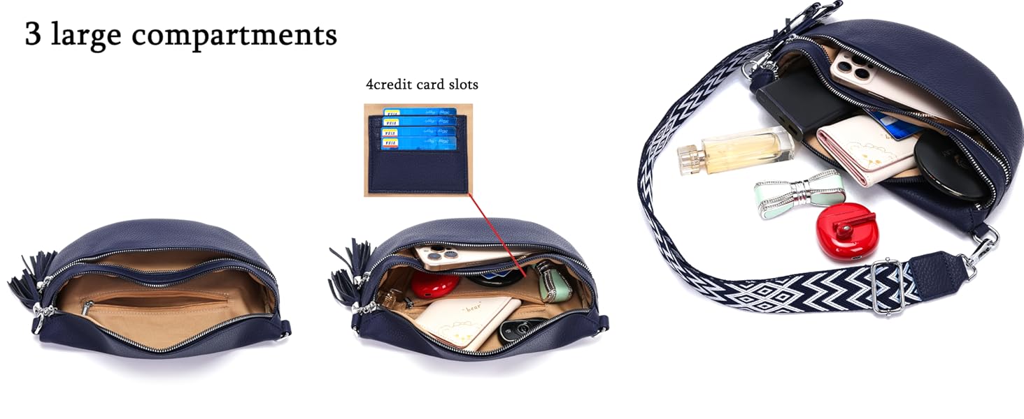 Сумка поясна жіноча бежева через плече кросбоді середнього розміру з відділенням для карток та 2 ремінцями, жіноча сумка (Темно-синя)