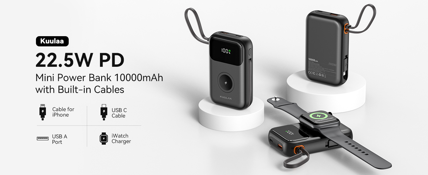 Power Bank Kuulaa для Apple Watch 10000mAh з LCD-дисплеєм та двома кабелями, 22.5W PD, сумісний з iPhone, iPad, Apple Watch 10/9/8/Ultra2/Ultra/SE