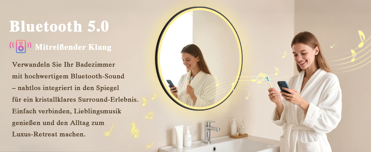 Дзеркало для ванної кімнати з підсвічуванням LED, антизапар, сенсорне керування, регулювання яскравості, 3 кольори світла, функція пам'яті, захист від вибуху, кругле дзеркало 50см (металевий каркас+bluetooth)