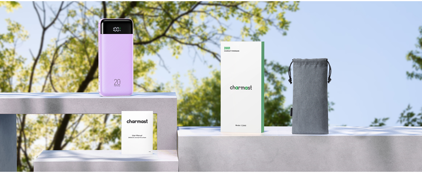 Power Bank Charmast 20000mAh з LED-дисплеєм та 4 кабелями (USB C PD3.0 QC4.0), 6 виходів, сумісний з iPhone, Samsung, Tablet, фіолетовий