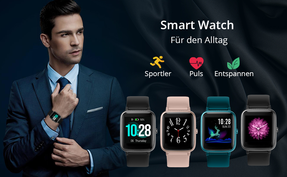 Fitpolo Розумний годинник для жінок, чоловіків та дітей. Фітнес-трекер з вимірюванням пульсу, водонепроникний IP68, повний сенсорний екран, моніторинг сну, музичне керування, сумісний з Android та iOS, чорний