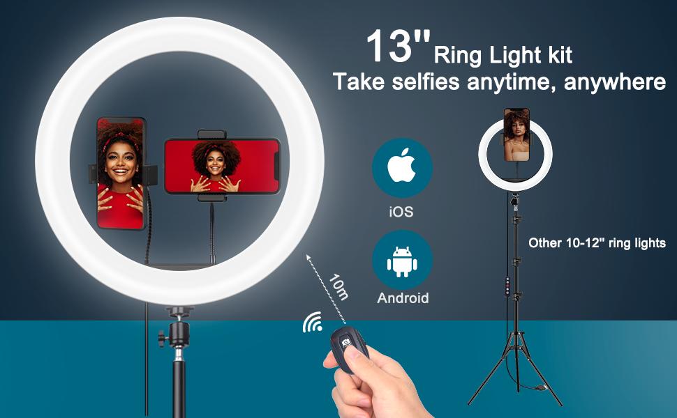 Ринг-лампа 13 дюймів з штативом, кліп для планшета та 2 тримачами для телефону, 3000-6000K, 10 рівнів яскравості, музичні режими, 100 RGB-режимів, LED для селфі, TikTok, Vlog, YouTube, Facebook відео, багато кольорів